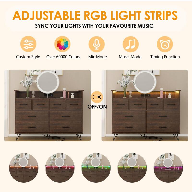 8 Drawer Dresser for Bedroom with LED Light, Charging Station & Open Shelf