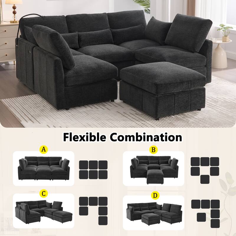 U Shaped Modular Sectional Sofa with Movable Ottoman, Chenille Upholstered 5-Seater Sofa with 2 USB Ports & Phone Holder
