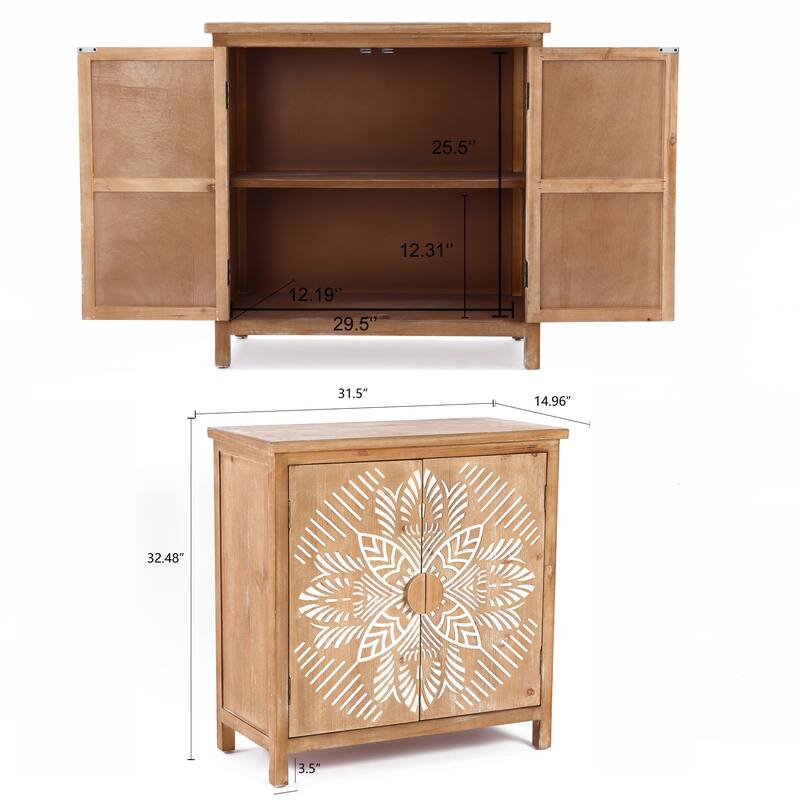 Natural Wood and White Floral 2-Door Storage Cabinet - 32.48" H x 31.5" W x 14.96" D