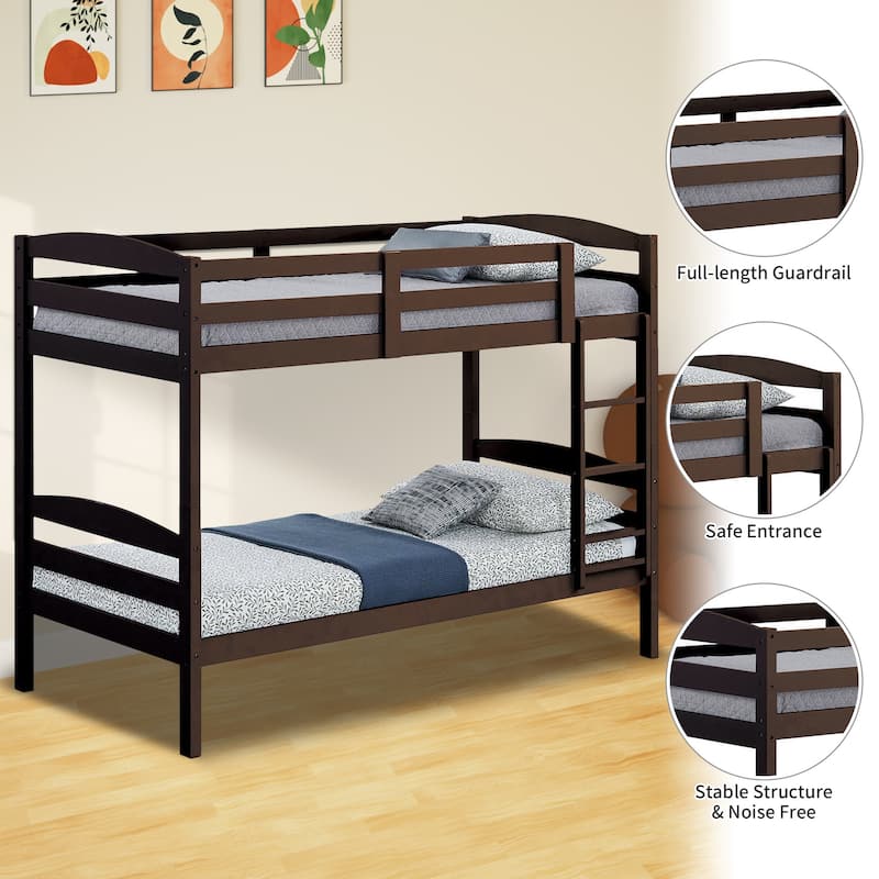 Modern Espresso Solid Wood Twin Over Twin Bunk Bed with Ladder