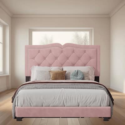 Full Size Upholstered Velvet Platform Bed Frame with Tufted Headboard and Rivet Design, No Box Spring Needed for Bedroom