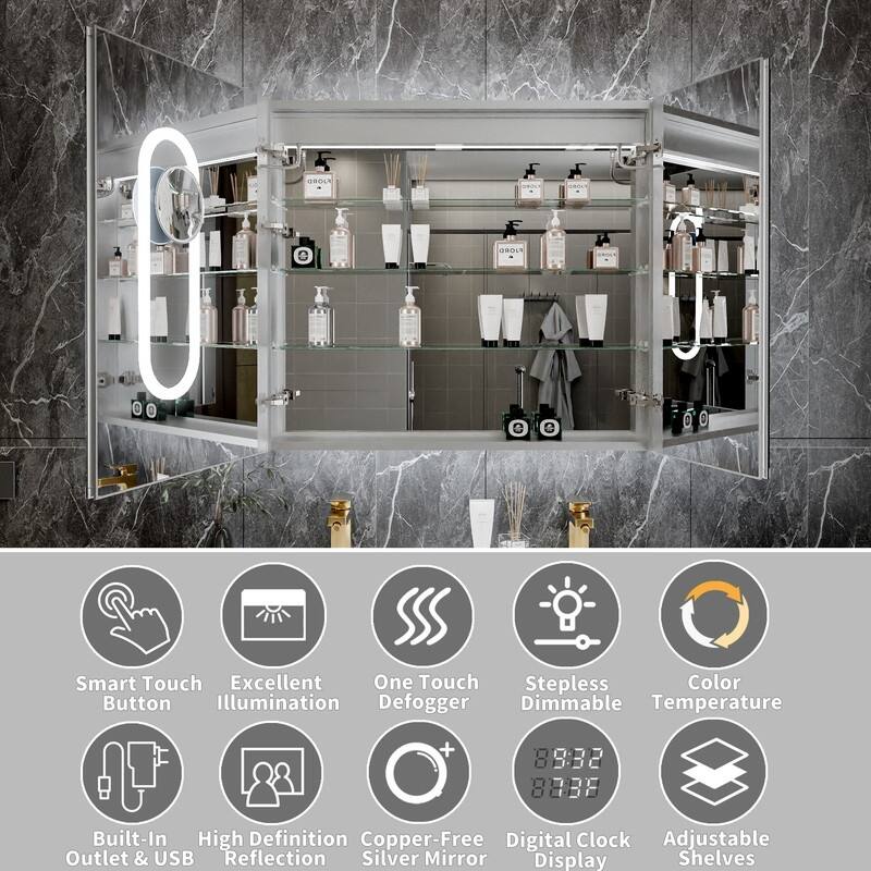 MEDUNJESS Double Opening Frameless Bathroom Mirror Cabinet with Defogging