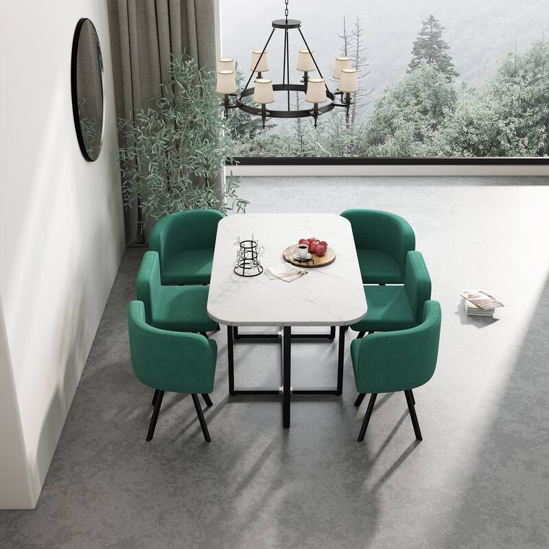 Modern 7-Piece Dining Table Set with 6 Curved Backrest Green Accent Chairs, 59" Dining Table Coffee Table