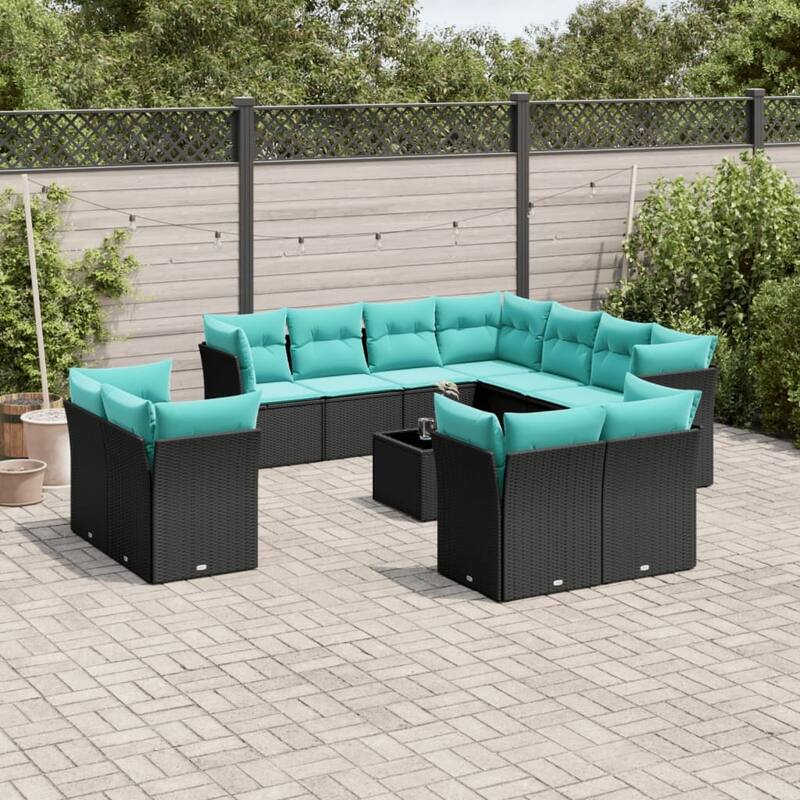 vidaXL 11 Piece Patio Sofa Set with Cushions Black Poly Rattan - 24.4x27.2x24.4-With table