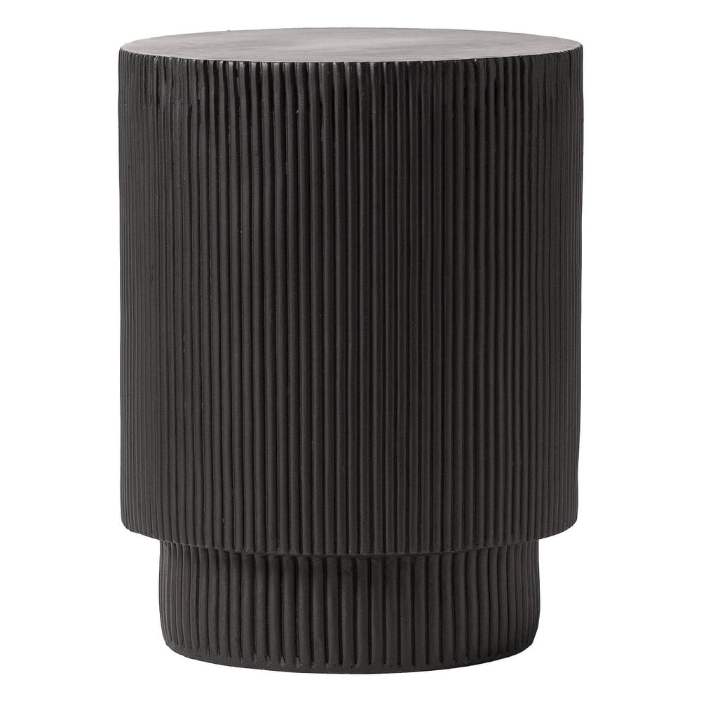 Eden Modern Wide Round Fiberstone Side Table with Accent Ribbed Design End Table for Living Rooms, Patios, and Gardens