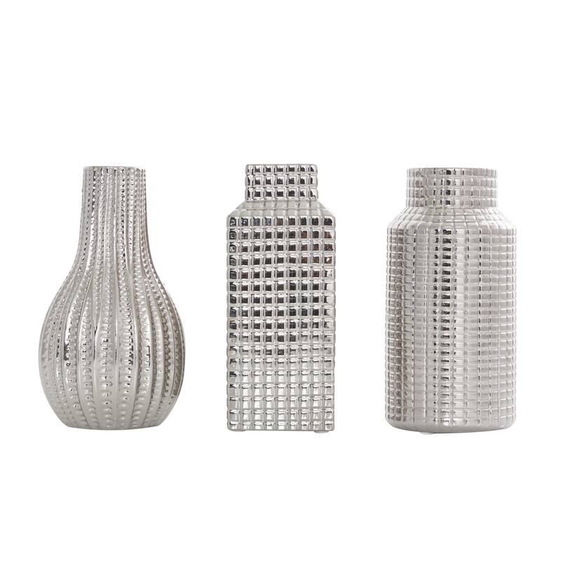 Ceramic Geometric Dimensional Textured Decorative Vase with Varying Shapes - Set of 3 Gold, Silver, Cream - Roche River Decor
