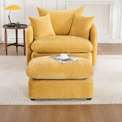 46" Chenille Upholstered Oversized Swivel Armchair With Ottoman