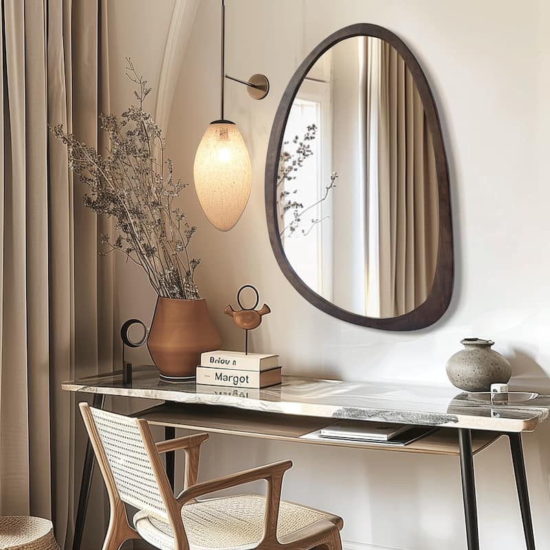28/35''Modern Irregular Wall Mirror Black Walnut Wood Frame Accent Mirror