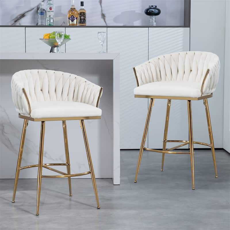 Velvet Counter Height Bar Stools with Legs and Footrest,Set of 2 - Beige
