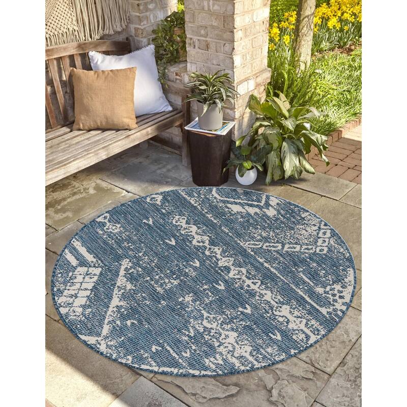 Outdoor Ogooplario Collection Area Rug - Blue - 4' Round