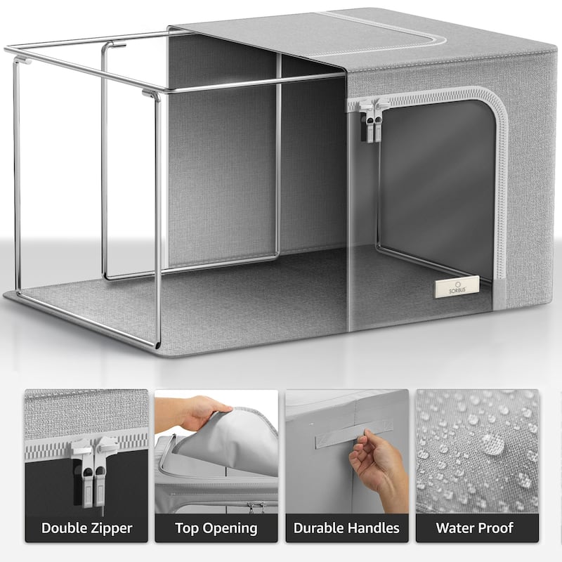Sorbus Jumbo Storage Bins with Metal Frame Stackable Foldable Clothes Organizer Bags Oxford Fabric & Clear Window & Handles- 4Pk