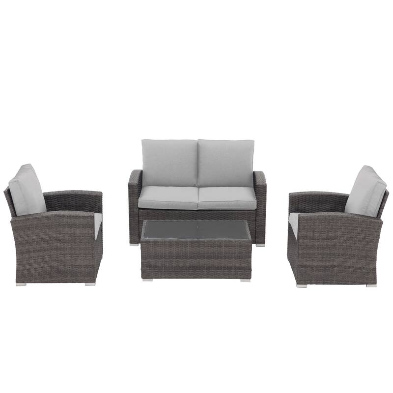 4 Person Patio Rattan Conversation Set with Grey Cushions Outdoor Tempered Glass Table