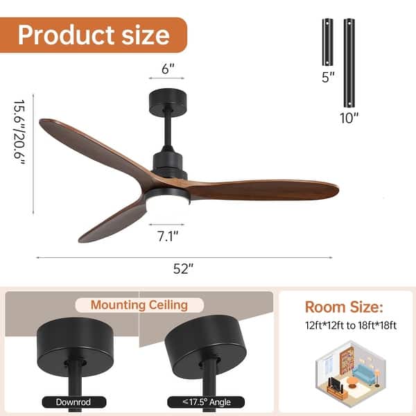 dimension image slide 0 of 14, Sofucor 48/52/56/60 Inch Solid Wood Ceiling Fan with Light and Remote, Reverse Functions, Integrated Light Optional