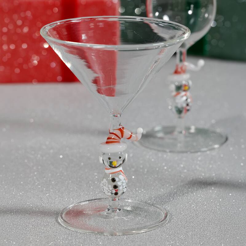 Snowman Sips Martini Glasses, Set of 4, Holiday Cocktail Glassware - Clear