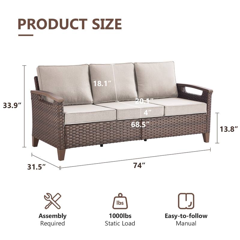 Gymojoy 74'' 3-Seat Outdoor Durable Patio Sofa with Water-Resistant Olefin Fabric Cushions