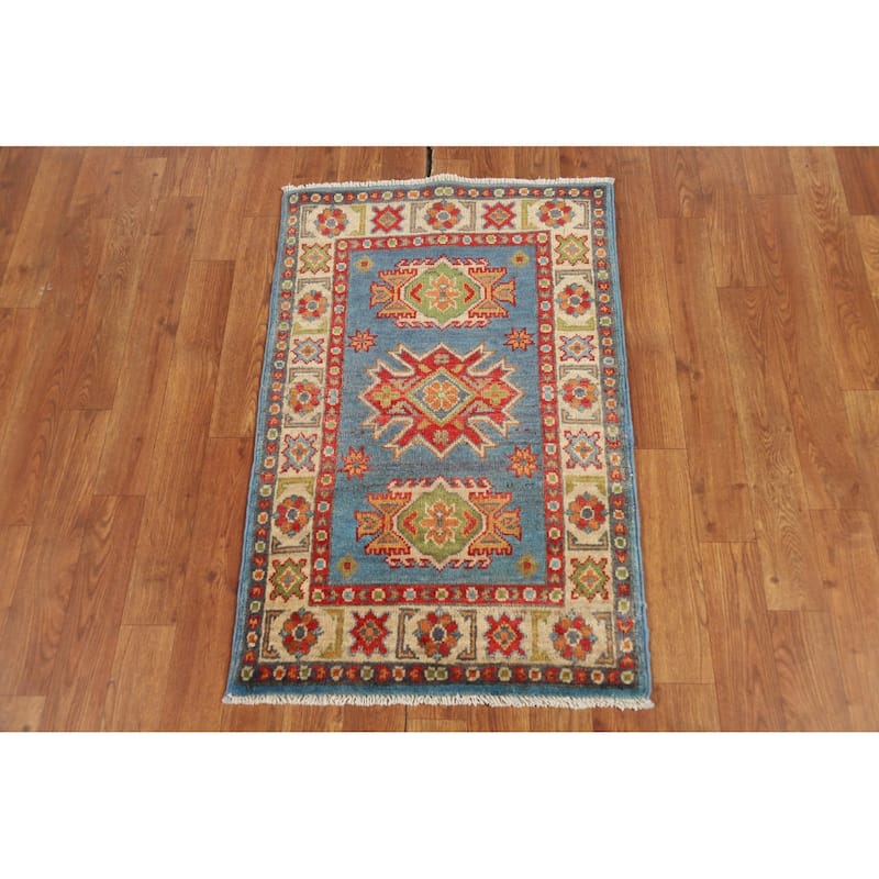 Blue Kazak Oriental Accent Rug Hand-Knotted Geometric Wool Carpet - 2'0" x 3'0"