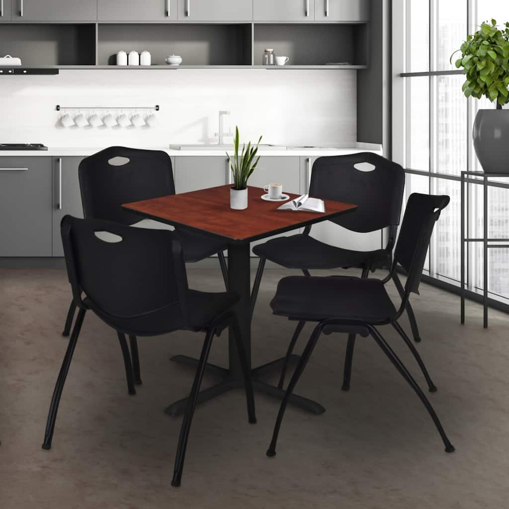 30" Square Breakroom Table- Cherry & 4 'M' Stack Chairs- Black - Black, Cherry - 30