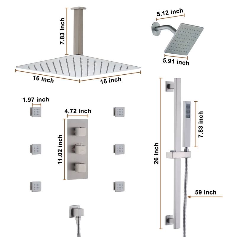 CASAINC Dual Heads High Pressure 16 Inch 4 Function Shower Head Shower System with Sliding Rod Handheld Shower and 6 Body Jet