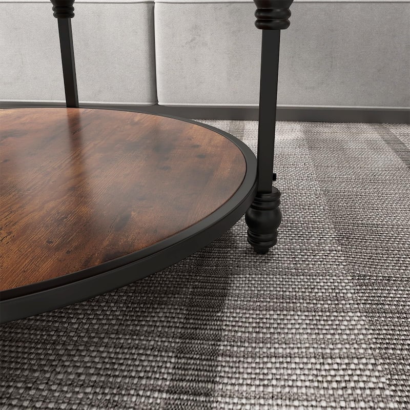 Round Coffee Table for Living Room Rustic Center Table with Storage