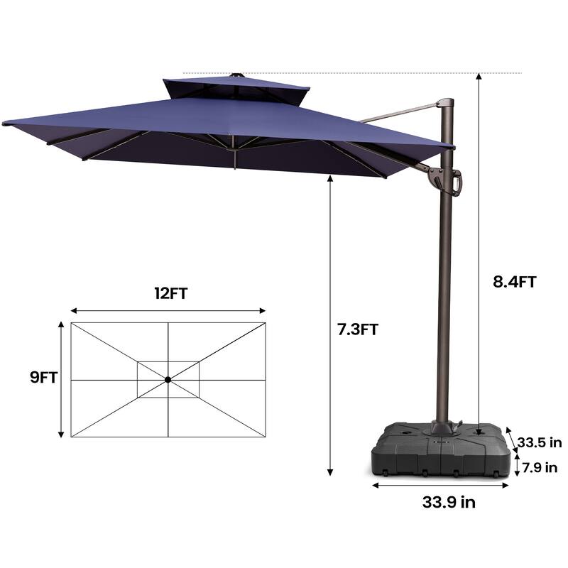 Outdoor Patio 9 FT x 12 FT Dual Top Umbrella Cantilever Offset with Base stand