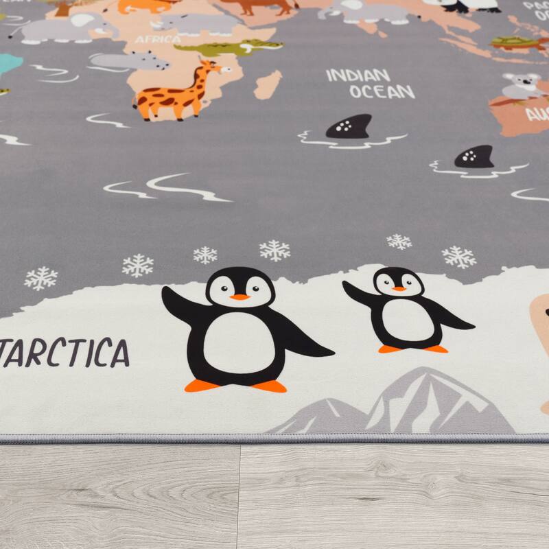 Kids Rug Play Mat with World Map & Charming Animals in Grey