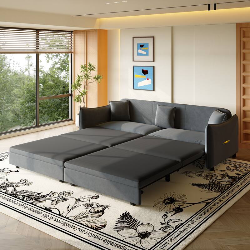 Convertible Sleeper Sofa Bed, Modern Velvet Loveseat Pull-Out Couch Bed, Oversized Love Seat Lounge Sofa with 3 Pillows
