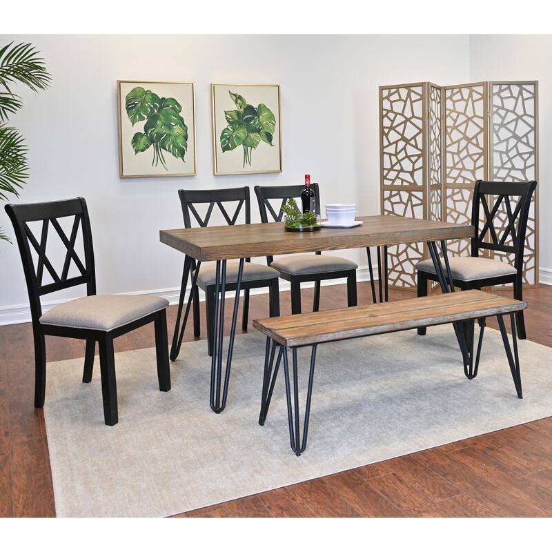 Roundhill Furniture Arroyo 6-Piece Dining Set, Hairpin Dining Table with 4 Cross-back Chairs and Bench, Rich Black