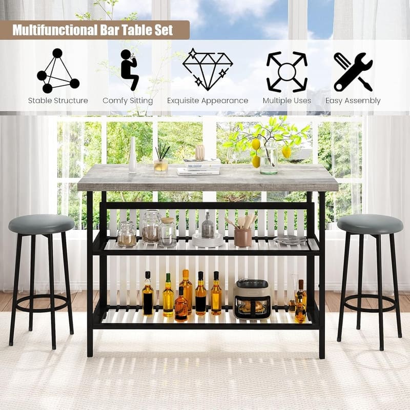 Grondin Mid-Century Modern 3-Piece Faux Marble Top Kitchen Island Set with 2 Stools and Shelves