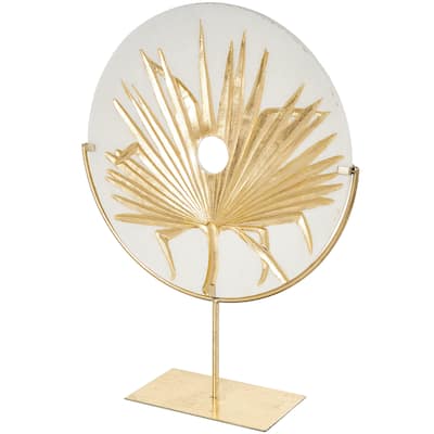 Gold Polystone Round Disk Leaf Decorative Sculpture with Center Cutout and Gold Base