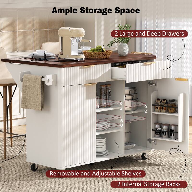 52" Fluted Rolling Kitchen Island with Drop Leaf, Wood Top Kitchen Cart with 2 Drawers and Adjustable Shelves for Dining Room