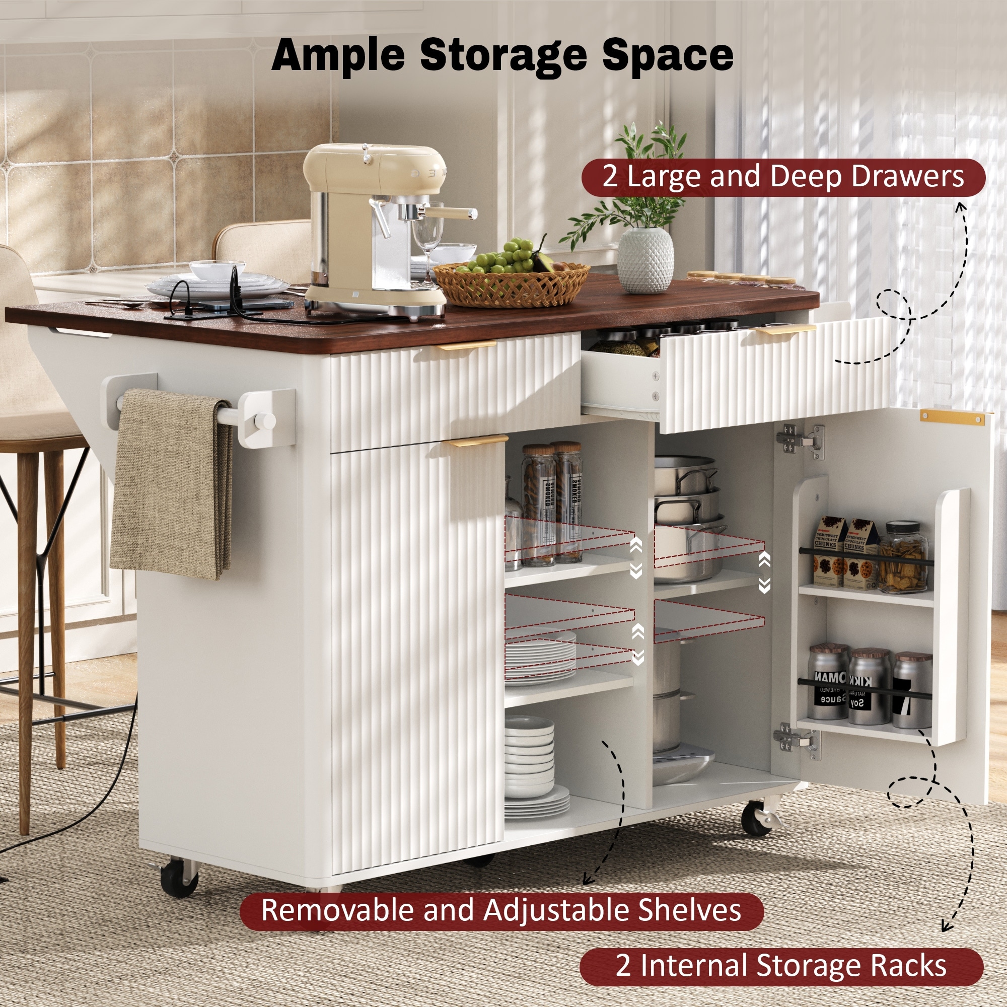 Rolling Kitchen Island with Drop Leaf, Kitchen Storage Cart Wood Island Table with Power Outlet and 2 Drawers for Dining Room