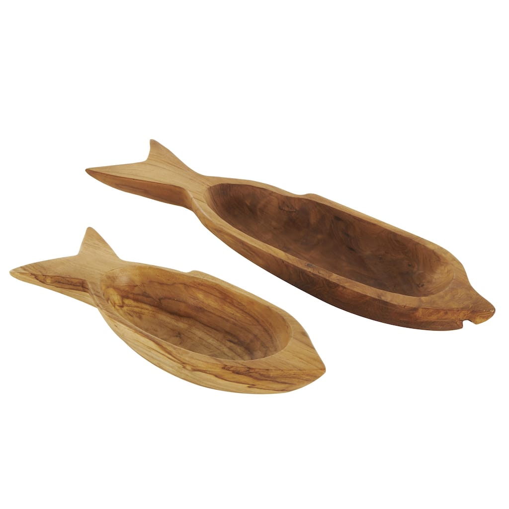 Teak Wood Fish Handmade Carved Living Room Decor Tray - Set of 2 Brown - Roche River Decor