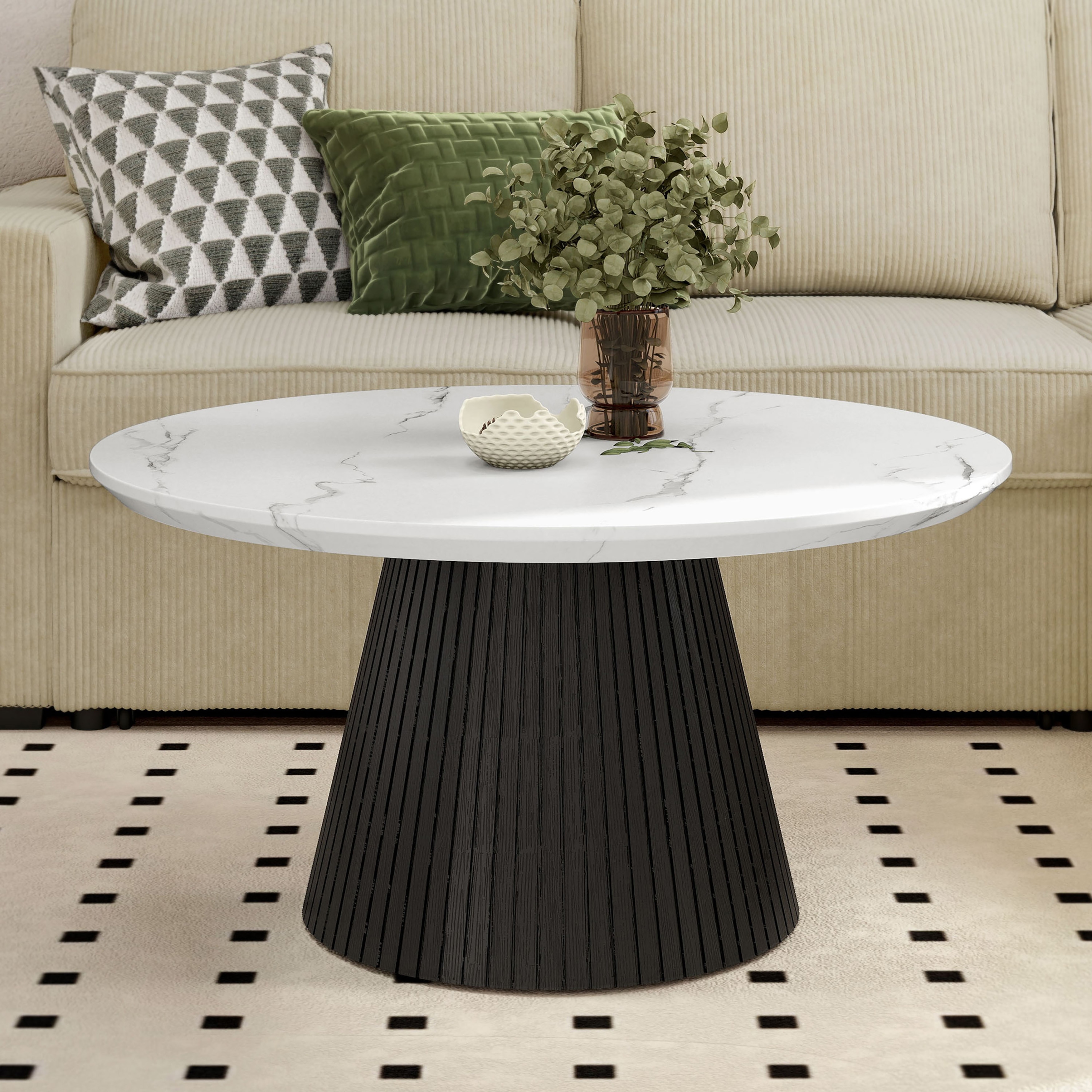 Modern White & Black Faux Marble Round Coffee Table