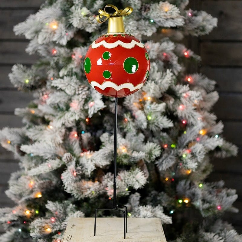 31.25" Tall Red Metal Christmas Ball Ornament With Stake