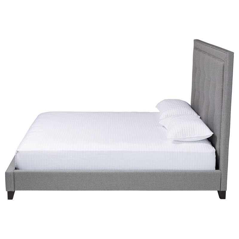 King Size Platform Bed - Grey Linen Upholstered, Button Tufted Headboard with Silver Trim