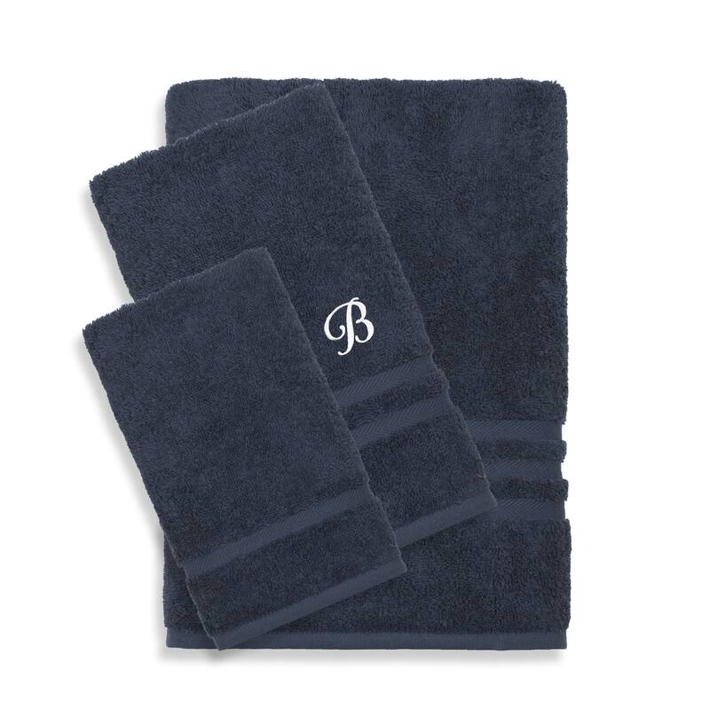 Authentic Hotel and Spa Omni Turkish Cotton Terry 3-piece Navy Blue Bath Towel Set with White Script Monogrammed Initial - B