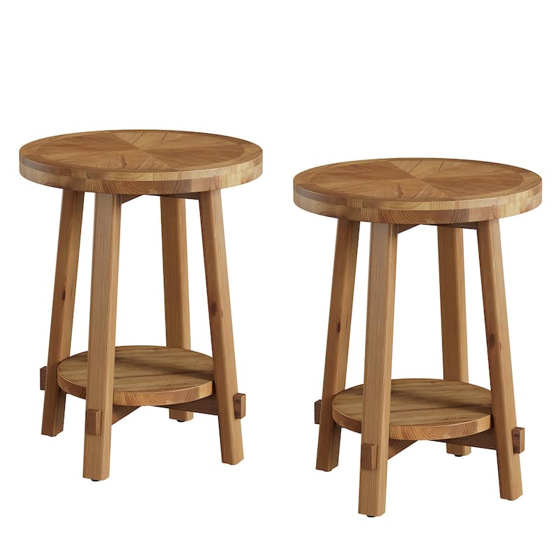 Round Side Table, Solid Wood 2 Tier End Table for Living Room