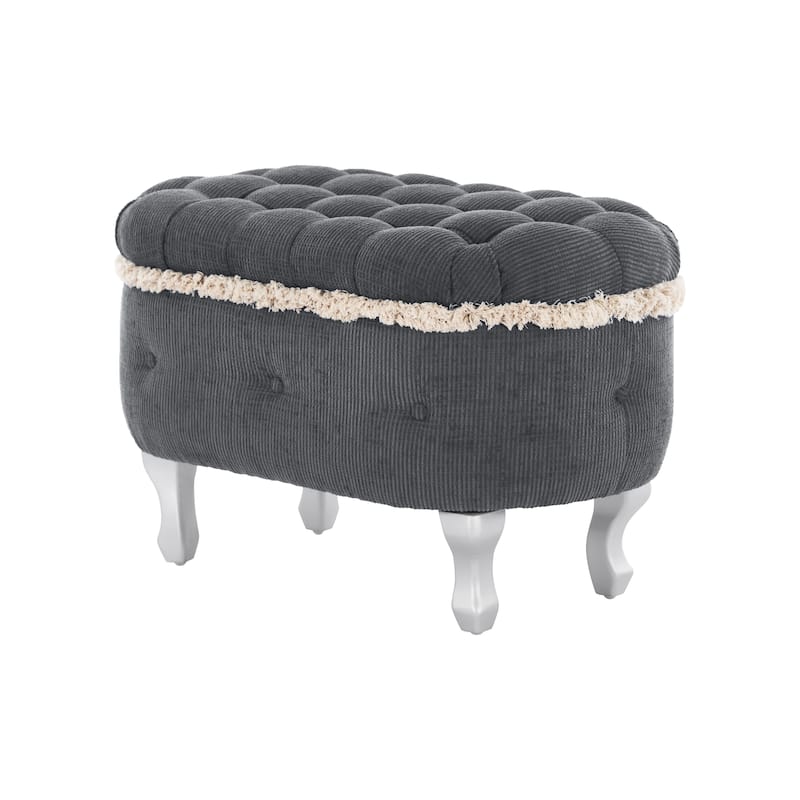 Roomfitters Upholstered Storage Bench with Button Tufted Top, End of Bed Bench with Fringe and Curved Legs