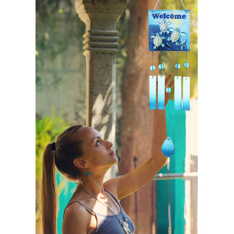 CoTa Global "Welcome Blue Turtle Hanging Sea Glass Wind Chime