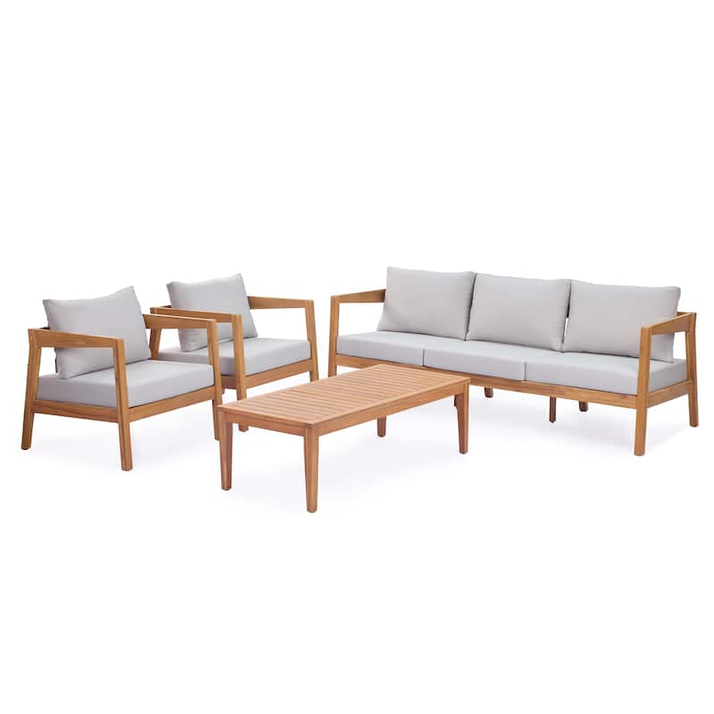 Christopher Knight Home - Outdoor 4-PieceTeak Finish Solid Wood Patio Conversation Set with Cushions and Rectangle Table