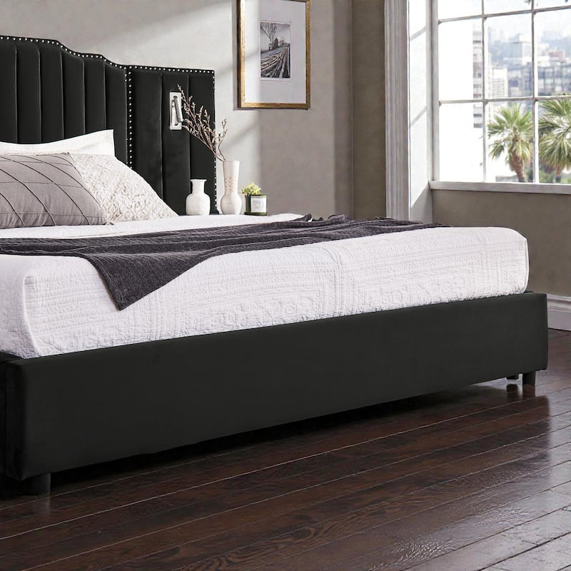 Modern Upholstered Bed Frame with Velvet Headboard, Vertical Channel Button Design, Integrated Nightstand, Platform Support