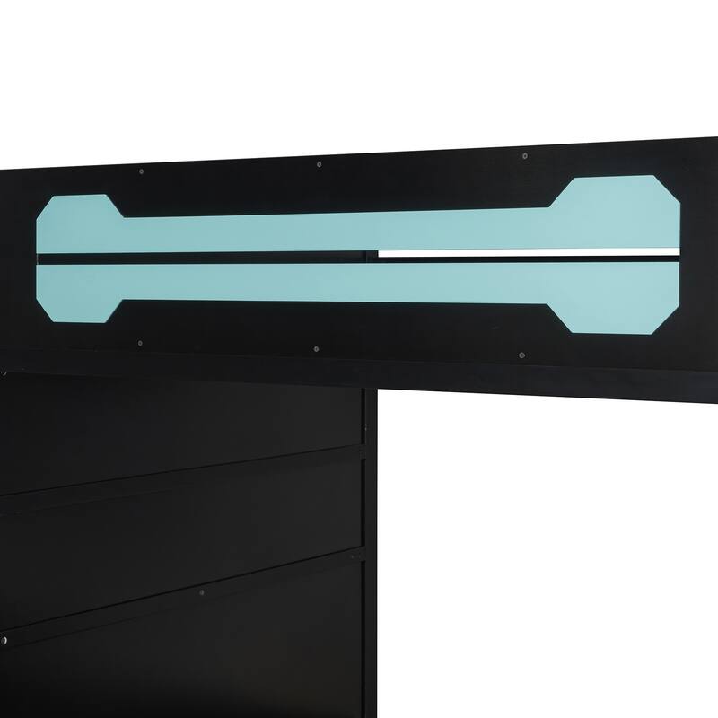 Full Size Gaming Loft Bed with RGB Light & Desk, Wood Bed Frame w/Multi-Storage Shelves and Guardrail, Under-Bed Console Storage