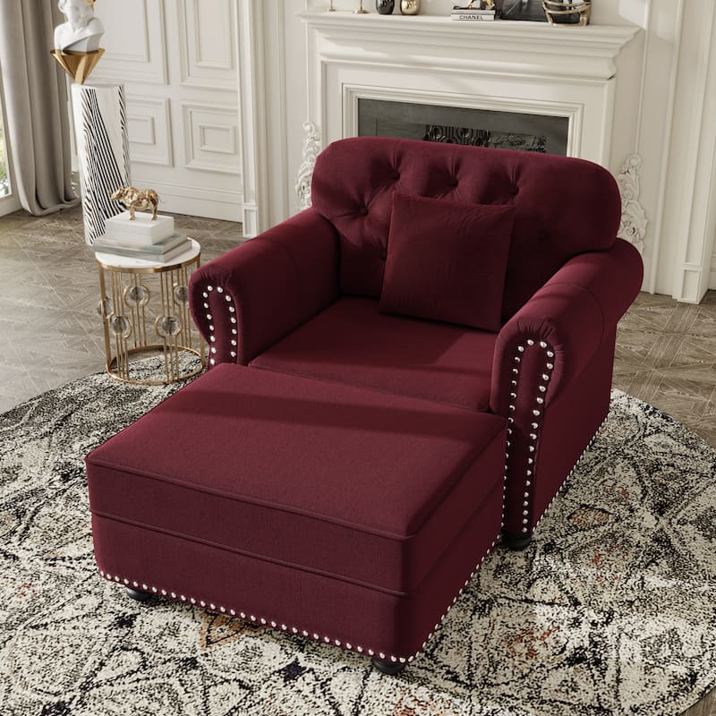 Velvet Chaise Lounge Chair with Ottoman, Mid-Century Modern Chesterfield Single Sofa Chair with Rolled Arms & Nailhead Trim - Burgundy