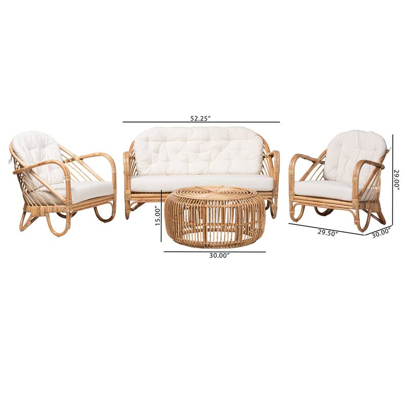Aliane Modern Bohemian Natural Brown Antique Rattan 4-Piece Living Room Set