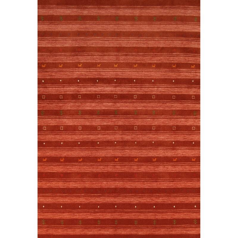 Hand Knotted Oriental 100% Wool Carpet Tribal Stripe Oranges & Rust Gabbeh Area Rug - 9' 9'' X 6' 9''