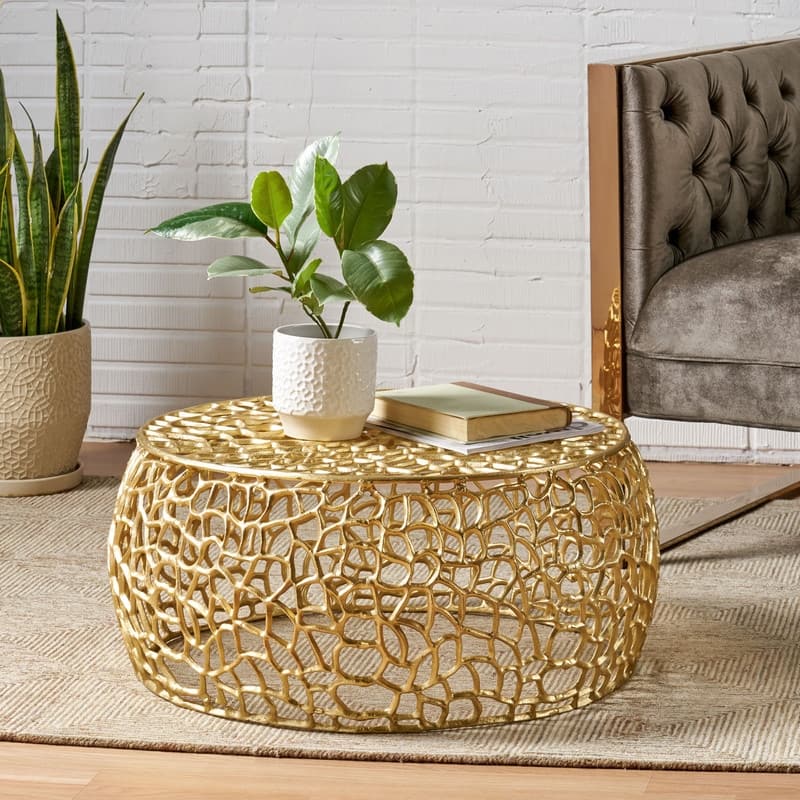 Modern Aluminum Round Coffee Table,Gold Drum Coffee Table Mesh Round Coffee Table