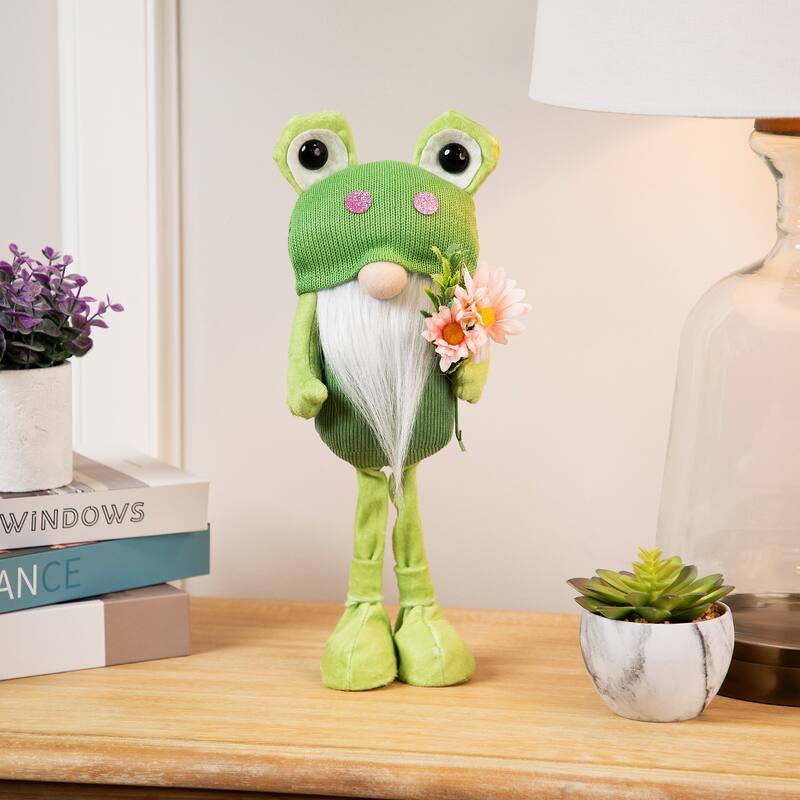 Standing Gnome with Glittered Frog Hat Spring Decoration - 14.5"