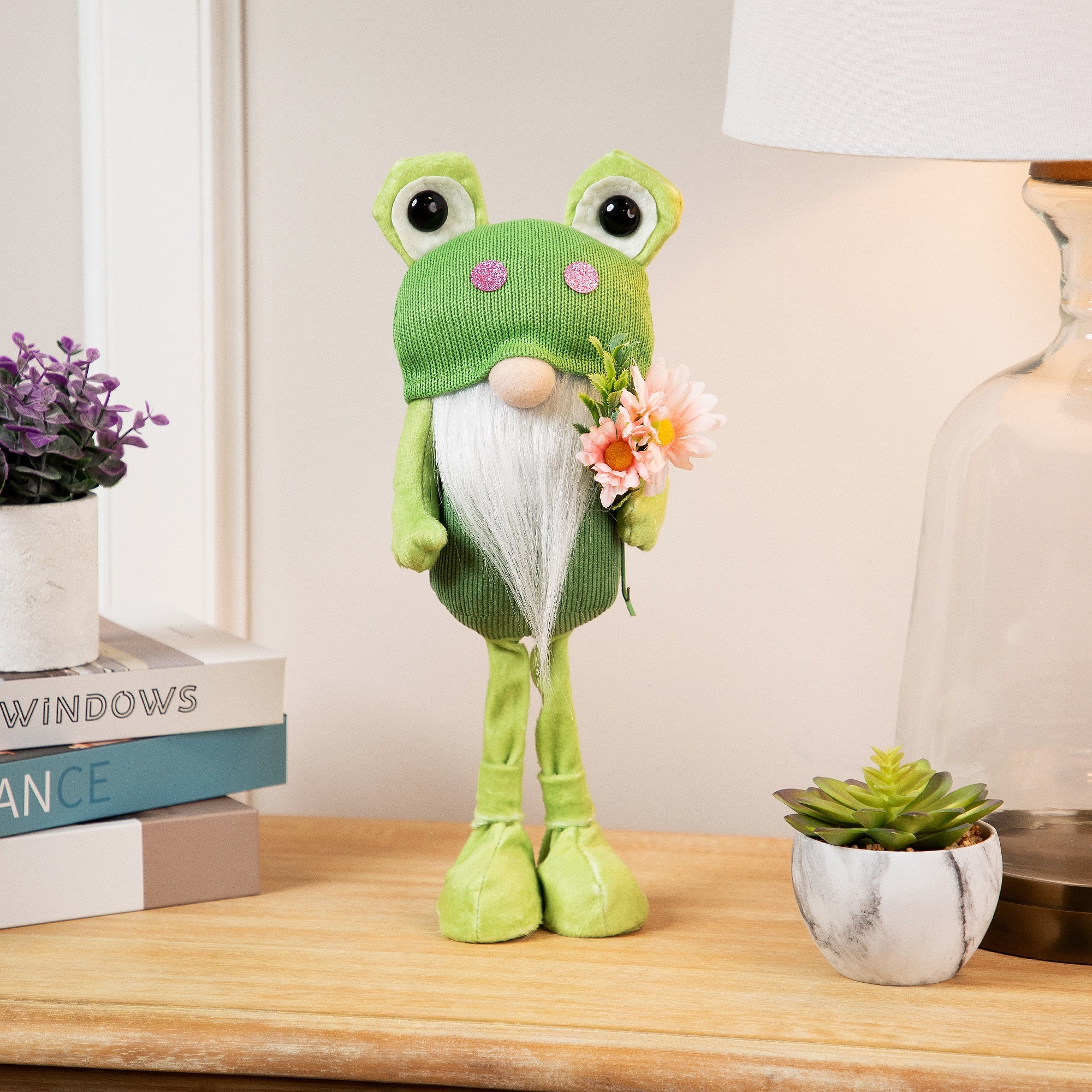 Standing Gnome with Glittered Frog Hat Spring Decoration - 14.5"
