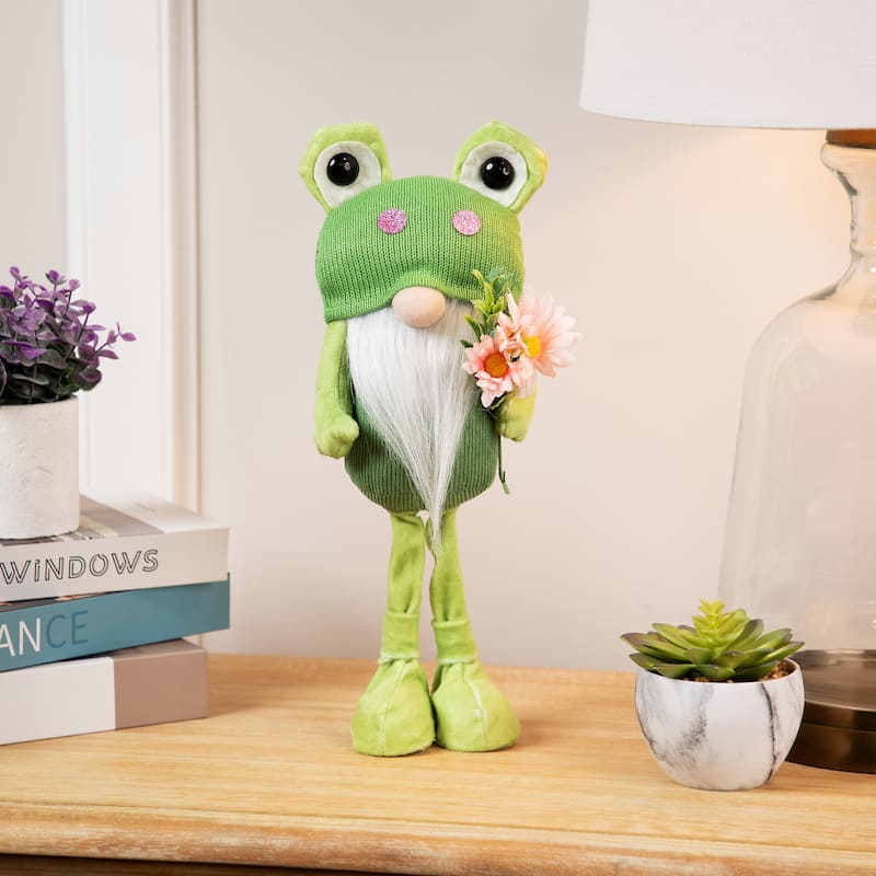 Standing Spring Gnome with Glittered Frog Hat - 14.5" - Green and White