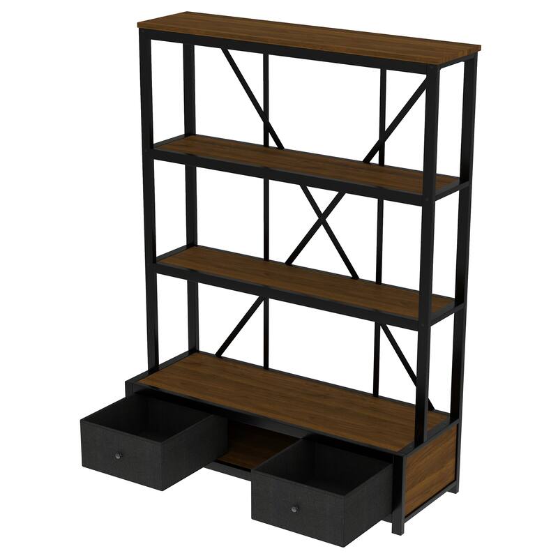 3-Shelf Metal Bookcase with Drawers for Home Office, Open Bookcase, Vintage Industrial Style Bookcase with LED